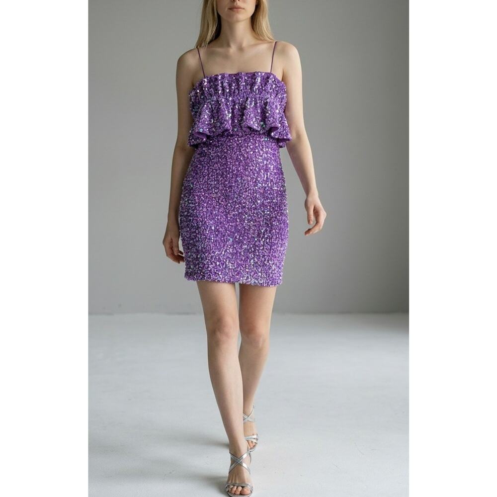 Women Sleeveless Violet Purple Sequins Velvet Mini Dress Size L Party Prom Dress